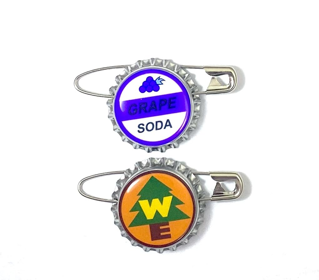 Set of 2 Replica WE & ELLIE BADGE GRAPE SODA BOTTLECAP COILESS SAFETY PIN!"UP" & Sticker Gift Bags With COILESS SAFETY PIN