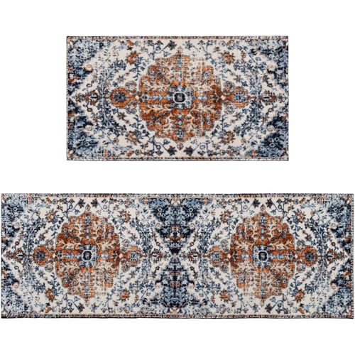 Boho Kitchen Rugs and Mats Sets of 2, Farmhouse Bohemian Vintage Kitchen Rug Decoration,Rubber Backing Non-Slip Absorbent Mats for Sink,Washable and Waterproof Runner Rug for Laundry Room