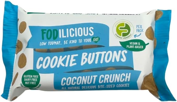 Fodilicious Cookie Buttons Coconut Crunch Vegan Cookies, Low FODMAP, Free From the Top 14 Allergens, Gluten Free, Dairy Free, Nut Free, Refined Sugar Free, Low Calorie Snacks (30g x 12 Packs)