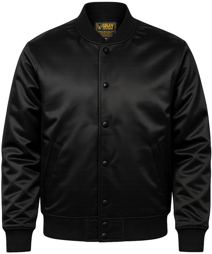 Men’s Satin Varsity Bomber Jacket – Lightweight Baseball Style Snap-Button Coat with Striped Ribbed Trim