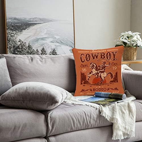 Throw Pillow Cover Western Rodeo with Cowboy Sitting on Rering Horse Decorative Pillow Case American Retro Style Square Pillowcase 18 x 18 Inch