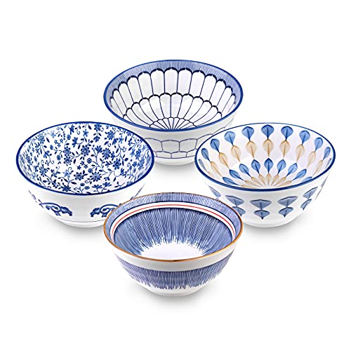 Lot de 4 Bols à Céréales en Porcelaine Chinoise, Bols de Service en Céramique Vintage de 5,5”/14cm pour Dessert, Riz, Nouilles, Soupe, Fruits, Crème Glacée, Pâtes, Salade, Collation Cover