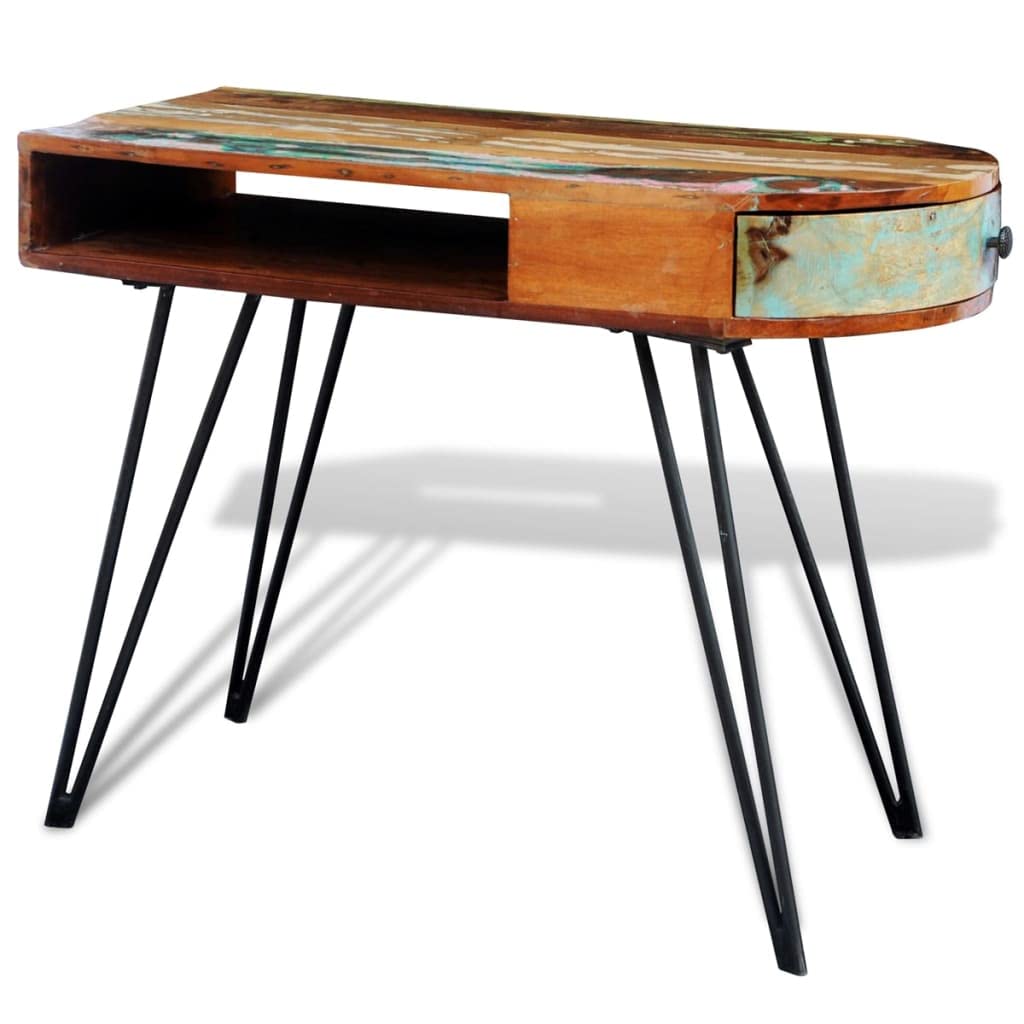 Escritorio de madera maciza con patas de hierro, 97 x 45 x 76 cm, con cajón y estante para oficina, ordenador, ordenador portátil, oficina en casa, ergonómico, ahorra espacio para jugar y