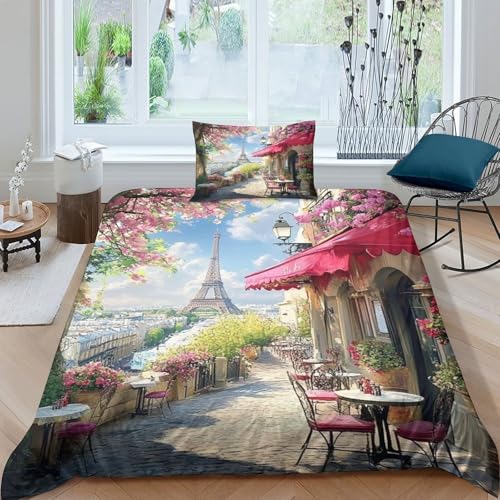 Torre Eiffel Bedding Set, Juego De Sábanas De Cama Microfibra Suave, Edredón Y Fundas De Almohada, Ropa De Cama para Niños Y Niñas, Duvet Cover Set Fácil De Cuidar Single（135x200cm）