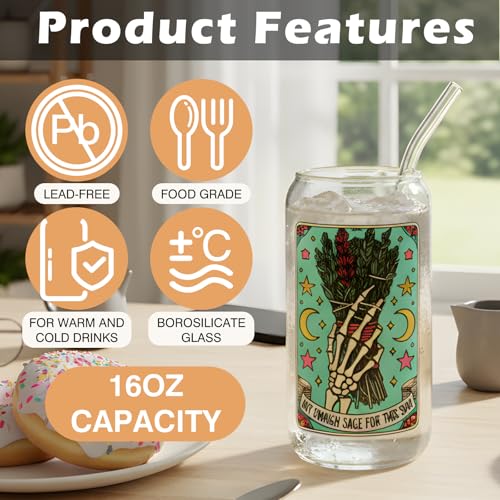 Image of AFRITEE Funny Skull Glass Cups - Not Enough Sage for This Shit Gothic Skeleton 16 oz Glass Cups with Lids and Straws, Iced Coffee Tumbler Witchcraft Gifts for Female Tarot Lovers