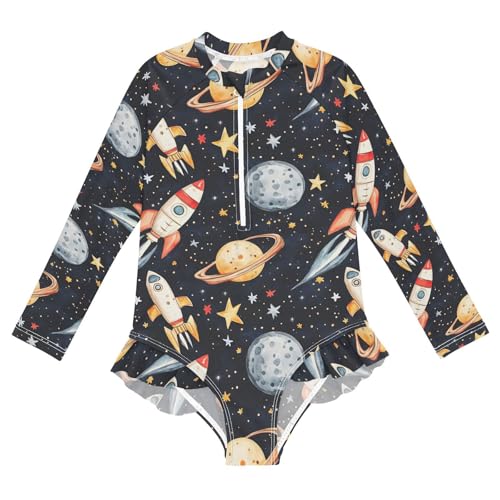 Watercolor Planets Universe Girls Long Sleeve Swimsuit UPF 50+ Rashguard Swimwear One Piece Bathing Suit 21221025