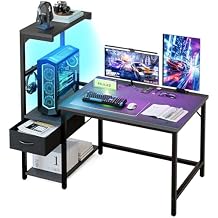 Grandder Gaming Desk 41 Inch with CPU Stand and LED Light, Computer Desk with Reversible Shelves and Storage Drawer, Pc Small Desk for Home Office Table with Bag, Carbon Fiber Black