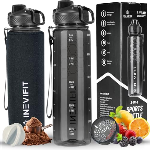INEVIFIT 3-in-1 Sports Water Bottle 34oz 1L Hydration Tracking Wa...