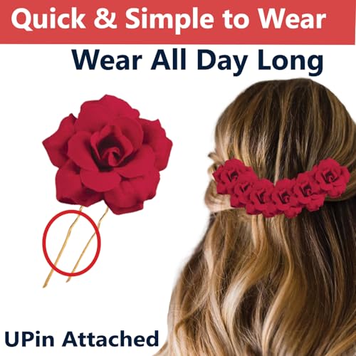 Image of TEMPERIA (6pcs) Hair Accessories For Women & Girls - Bridal Brooch & Braid for Hairstyle of Bride, Wedding & Party - Stylish Red Rose Artificial Flowers Bun Juda U Pins & Clips for Style & Decoration