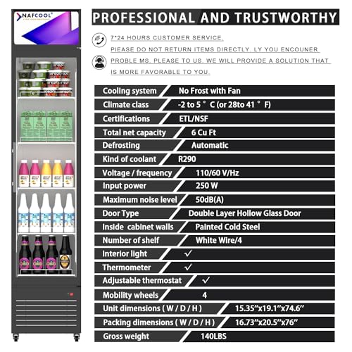 NAFCOOL Sub Zero Commercial Beverage Refrigerator Display Fridge,6 Cu Ft Small Slims Single Glass Door Merchandiser Drink Cooler with LED Light Adjustable Shelves,ETL and NSF Approval,15.4" Wide on Fridge.com