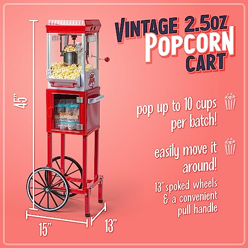 Image of Nostalgia Popcorn Maker Machine - Professional Cart With 2.5 Oz Kettle Makes Up to 10 Cups - Vintage Popcorn Machine Movie Theater Style - Red & White