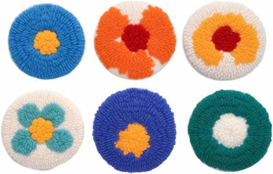 Punch Needle Coaster Kit 6 Patterns Abstract Flower Tufted Rug Pads, DIY Needle Punch Coaster Kit for Adults Beginners with Adhesive Felt Yarns Embroidery Hoop Tools Instruction