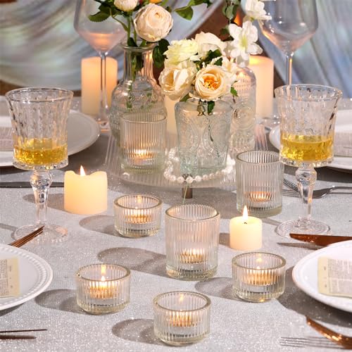 20pcs Assorted Ribbed Clear Votive & Tea Light Candle Holders, Glass Candle Holder for Table Centerpiece, Wedding, Baby Shower, Home and Party Decorations