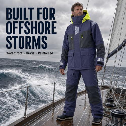 Image of Men's PRO Offshore Sailing Suit, Waterproof Jacket & Bib Pants | 3-Layer Fabric, Hi-Vis Hood, Reinforced Hips And Knees, Adjustable Suspenders, Reflective Safety Details