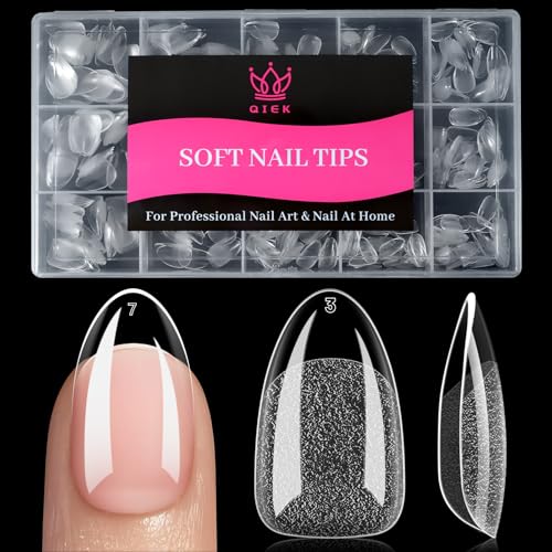 Qiek Short Almond Nail Tips - 15 Sizes 240 PCS Half Matte Full Cover Clear Fake Nails Pre-shaped Press On False Nail Tips Acrylic Soft Nail Gel Tips No C Curve Extension Manicure Home DIY Gelly Tips