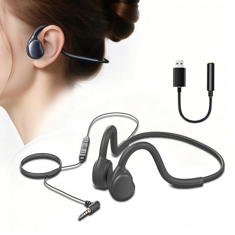 Open Ear Headphones with Microphone, Wired Air Conduction...