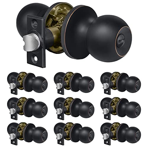Get Special Price [10 Pack] BESTTEN Privacy Door Knob Set with Removable Latch Plate, All Metal, Vintage Matte Black, Round Ball Door Knob for Bedroom and Bathroom