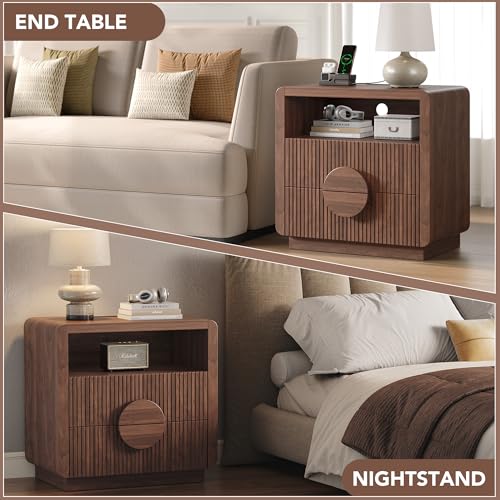 OneBlis 23\" Wide Fluted Nightstand, Mid Century Bedside Table with Charging Station, Wood End Table with 2 Drawers and Open Shelf for Bedroom, Home Office, Walnut - Thumbnail 7