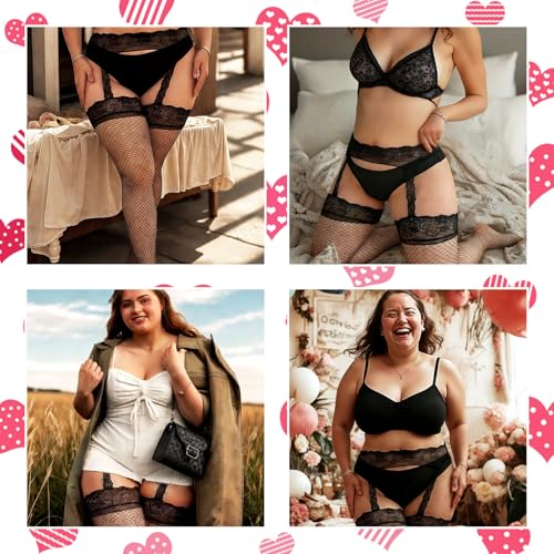 Thigh High Stockings Plus Size, Lace Top Plus Size Fishnet Stockings for Women,Suspender Pantyhose Thigh Highs Fishnet for Curvy Women,Large Valentine's Day Dress (Black) 5