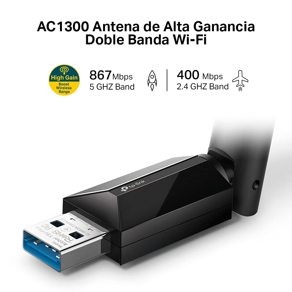 TP-Link Archer T3U Plus AC1300, Adaptador Wi-Fi Dual Band 5GHz/2.4GHz, USB 3.0, Antena Wi-Fi Externa Ajustable, Señal Potente, Turbo 256QAM, Compatible Windows/MacOS, Color Negro
