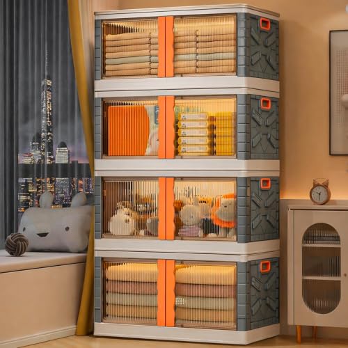 Image of BAMEOS ๐ ๐๐๐๐๐ Foldable Plastic Storage Cabinet with Double Transparent Doors | Dustproof Storage Organizer for Clothes, Toys, Books & Baby Essentials | Multipurpose Wardrobe Storage for Home