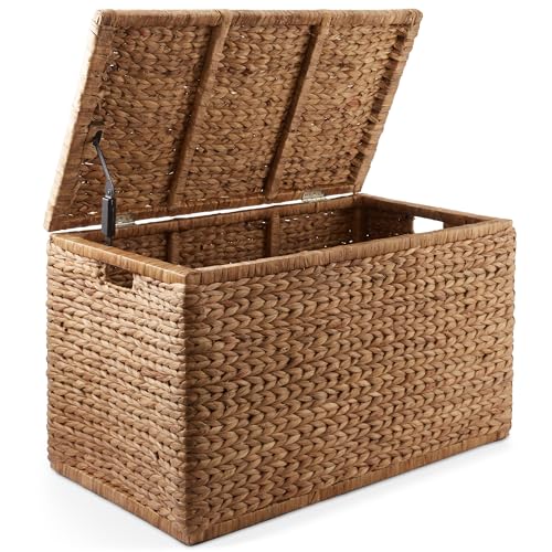 Image of Casafield 30 inch Storage Chest with Lid, Handles, and Safety Hinge - Cinnamon Brown, Hyacinth Wicker Storage Trunk for Entry Way, Living Room, Bedroom