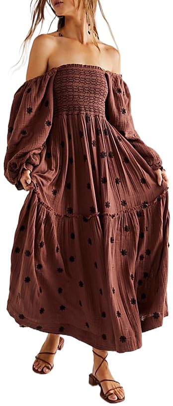 Women Checkered Bow Tie Dress Boho Floral Embroidered Flowy Long Dress Gingham Smocked Long Puff Sleeve Maxi Dress