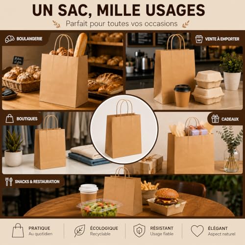 Sac Papier Kraft Brun avec Poignées Torsadées – Lot de 50 Sacs Kraft Alimentaires Épais 21 x 11 x 27 cm – Sacs Cabas Résistants à Fond Plat pour Boutique, Snack et Vente à Emporter – vue 4
