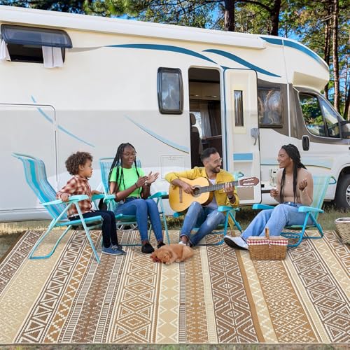 Image of GlowSol Waterproof Outdoor Rug 10x14 Reversible Patio Rug Portable Plastic Straw Rugs for Camping Outdoor RV Mat for Camper Large Outdoor Rugs for Backyard,Picnic,Beach,Deck,Porch,Balcony,Brown /Tan
