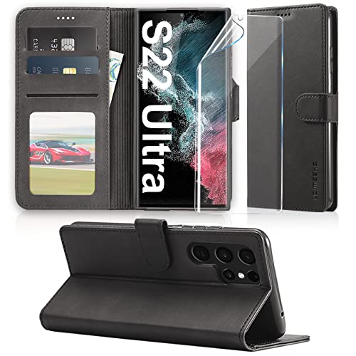 Hülle für Samsung Galaxy S22 Ultra Hülle mit [Displayschutzfolie], Premium PU Wallet Leder Hülle für Samsung S22 Ultra 5G, Ständer Kartenfächer Magnetverschluss Flip Case Cover für Galaxy S22 Ultra Cover