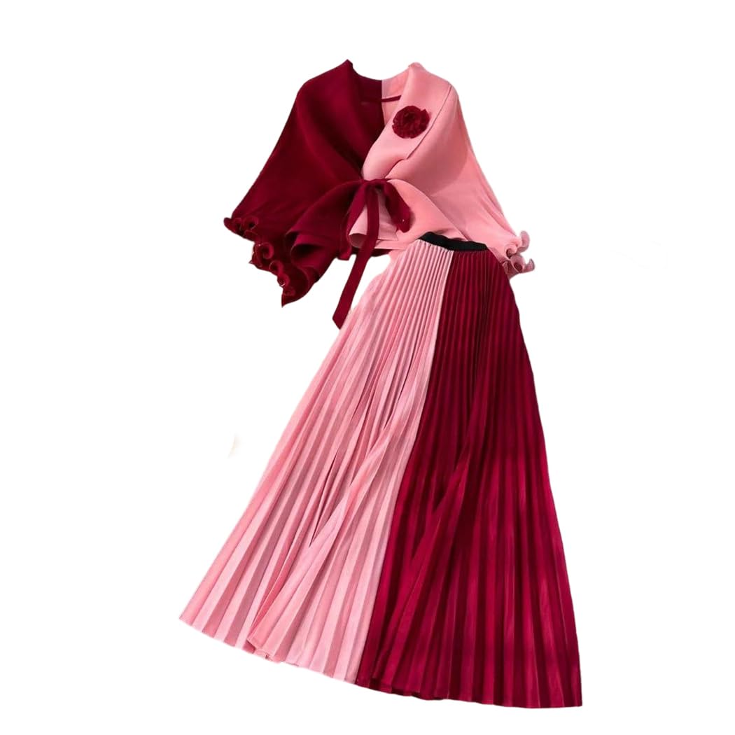 Conjunto de falda plisada de dos piezas para mujer, sin mangas, con lazo en la cintura, cintura alta, falda midi para viajes y oficina, Pnnrk, Altoa única