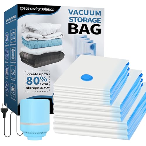 vicihoho Bolsas Vacio Ropa con Bomba Eléctrica, 10 Piezas (3 Extragrandes, 3 Grandes, 3 Pequeñas, 1 Bomba), Reutilizables Bolsas de Vacio Almacenaje al Vacío para Viajar Guardar Ropa, Ropa de Cama