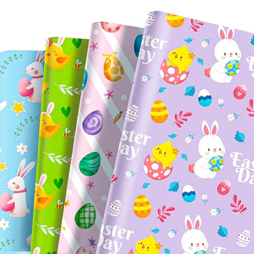 MORAINJAY 12 Bögen Ostern Geschenkpapier Ostern Geschenkverpackungen Papier Osterei Hase Küken Geschenkpapier Kinder Easter Geschenke Geschenktüten Geschenkpapier 68x50cm