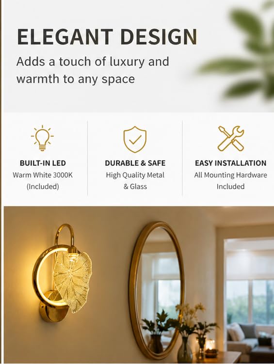 Image of Modern Gold LED Wall Light with Decorative Leaf Design, 3in1 Colour Change Wall Sconce, Metal & Glass Wall Lamp Ideal for Bedroom, Living Room, Hallway, Dining Room, Home Decor