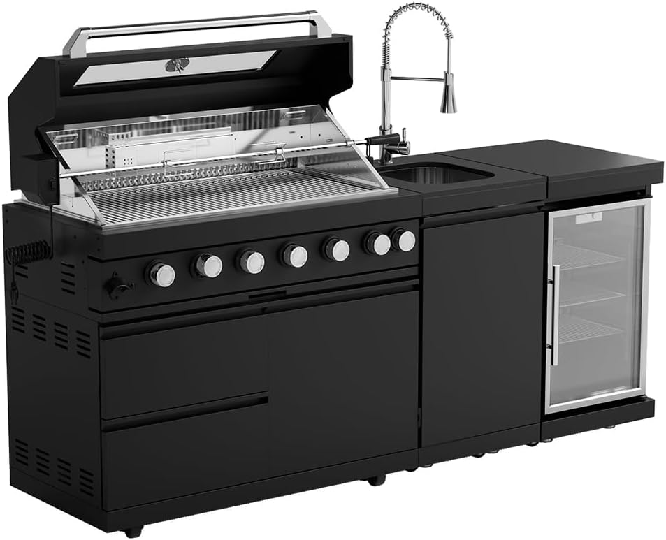 Premium Outdoor Kitchen Island with 304 Stainless Steel Gas Grill, Built-in Sink, Wine & Beverage Refrigerator, and Rotisserie Kit - Integrated LED Lighting for Backyard (Black- 82", Natural Gas)