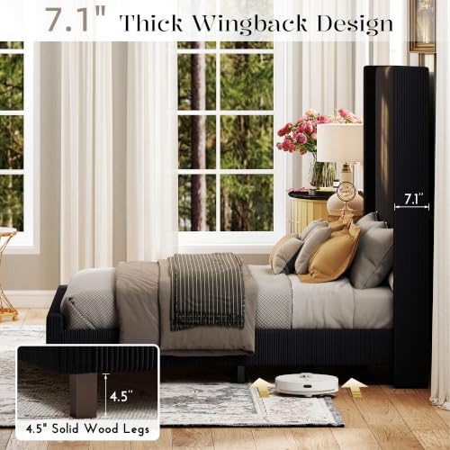 Ihanherry King Size 65" Tall Headboard Bed Frame with Charging Station, Upholstered Wingback Headboard with Washable Corduroy Cover, Noise Free, Solid Wood Slats & Legs, No Box Spring Needed, Black - image 7