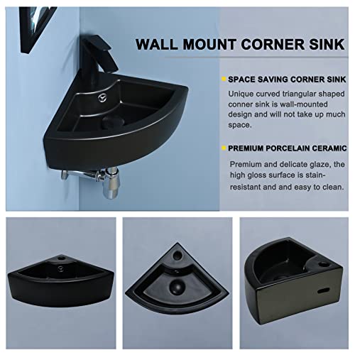 Bathivy Bathroom Corner Sink Small Wall Mount Sink Wall Hung Basin Small Space Mini Cloakroom Sink Triangle Ceramic Porcelain Wall Vanity Vessel Sink And Drain Combo With Faucet Hole (Matte Black) #TOP1