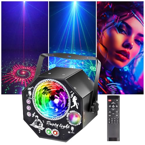 4 in 1 Discolicht Partylicht mit Fernbedienung, 75 Muster Effekte, RGB, UV, Strobe LED Sound Control, Musikgesteuert Discolicht, DJ Partylicht Discokugel für Party Fest Klub Halloween Weihnachten