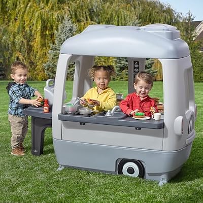 Step2 Adventure Camper Kids Playhouse, Indoor/Outdoor Playset with Kitchenette, Interactive Doorbell Sounds, 52-Piece Toy Accessories, Durable Plastic, For Toddlers 2+ Years