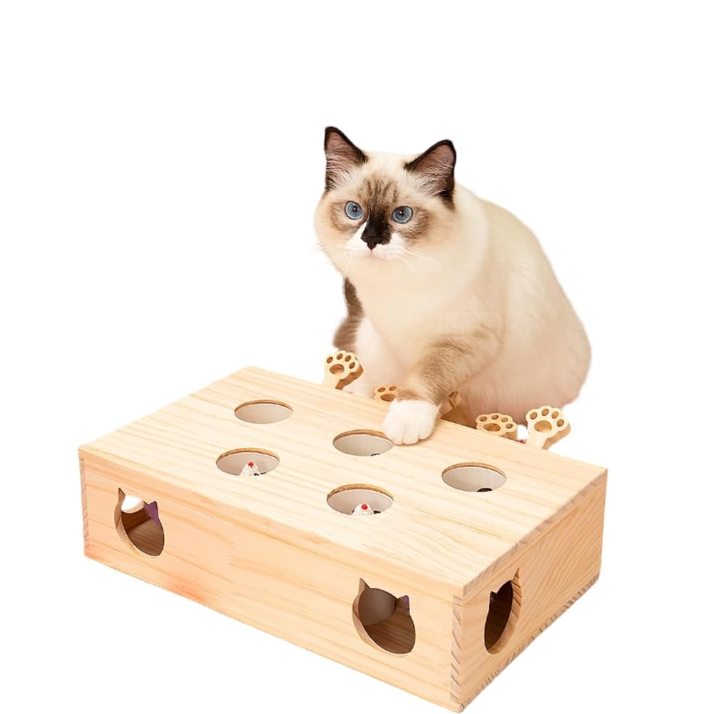 Cat Toys Interactive Whack-A-Mole Solid Wood Toy for Indoor Cats Kitten Catch Mice Game
