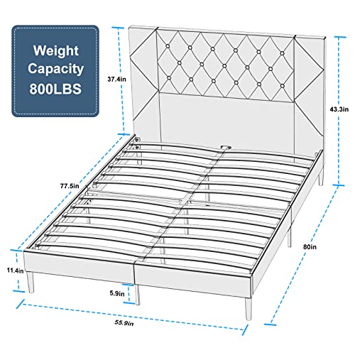 Molyuras Full Size Bed Frame, Upholstered Platform Double Full Bed Frame With Button Tufted Velvet Headboard, No Box Spring Needed, Sturdy Wood Slat Support, Easy Assembly #TOP1
