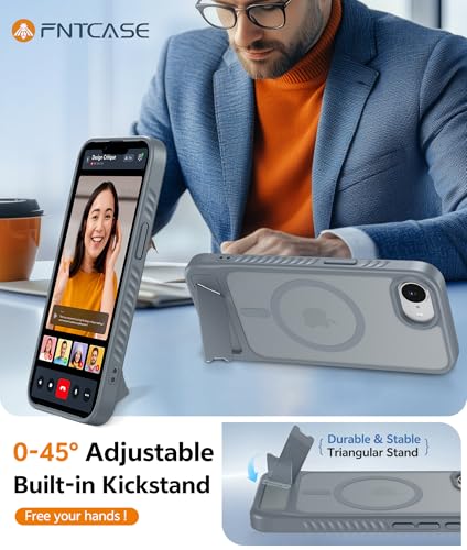 Image of FNTCASE for iPhone 16E Phone Case: [Magnetic Stand] [Compatible with Magsafe] Translucent Matte Military Grade Shockproof Drop Rugged Protective Phone Cover, Gray