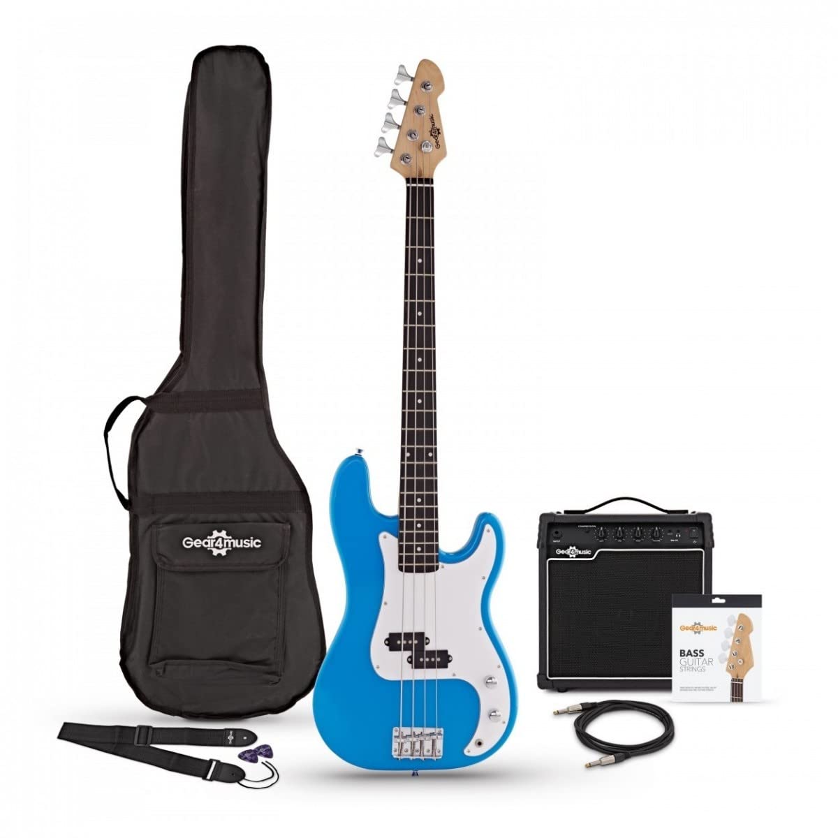 Guitare basse LA by Gear4music Bleu avec ampli 15W housse et Cable