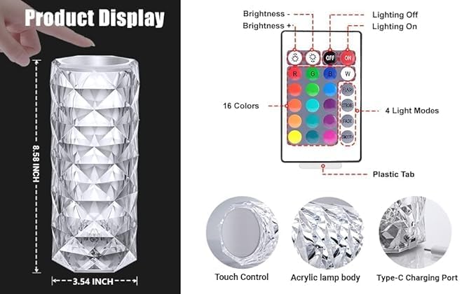 Image of 3 Colors Crystal Lamps Romantic Rose Crystal Diamond Table Lamps Touch Color Changing Light, Acrylic Rechargeable Modern Style Crystal Bedside Lamp with USB Port (Crystal Diamond Table Lamp)