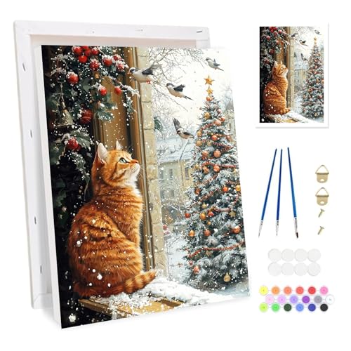Bowetile Gatto Natalizio Dipingere per Numeri per Adulti, Kit Paesaggio Lavoretti Creativi per Numeri per Principianti, Kit Pittura con Vernici Acriliche Per Decorazione Della Casa 20x30cm