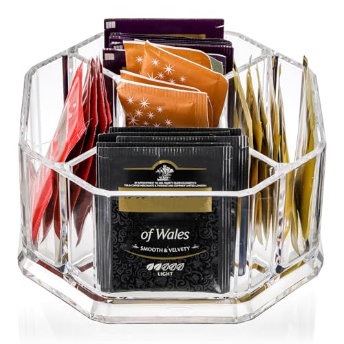 Image of Hiceeden Acrylic Tea Bag Organizer, 5 Compartment Sugar Packets Holder Divided Coffee Condiment Storage Caddy Box for Kitchen Cabinet, Countertop, Tabletop