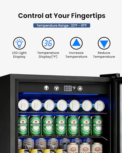 Image of Feelfunn 4.5 Cu.Ft Beverage Refrigerator Cooler - 145 Can Mini Fridge Glass Door for Soda Beer Wine, Small Refrigerator for Bedroom Office Home Bar, 4 Adjustable Shelves, Black