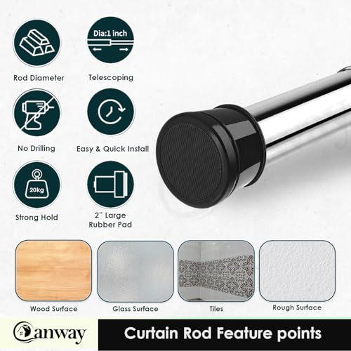 Image of Canway (80-140 CM) Adjustable Curtain Rod Without Drilling Black-Silver | Bathroom & Shower Curtain Rod | Heavy Duty Tension Curtain Rod for Bathroom, Window & Kitchen