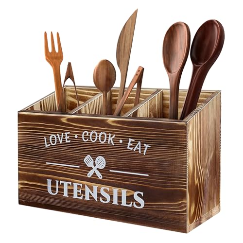 Lnopever Porte-ustensiles de cuisine avec fond de drainage, 3 compartiments solides en bois véritable, organisateur pour comptoir de cuisine, salle de...