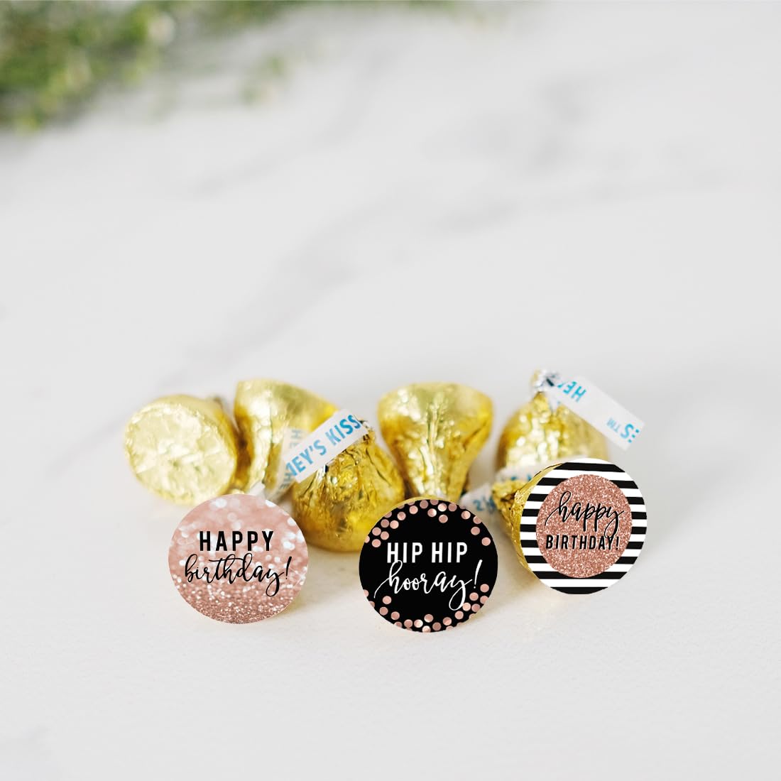Andaz Press Glitzy Faux Rose Gold Glitter Milestone Chocolate Drop Labels Trio, Happy Birthday!, 240-Pack, Not Real Glitter, Fits Kisses Party Favors Colored Supplies